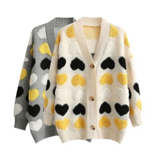 Loose Patterned Hearts Knit Cardigan Sweater Jumper