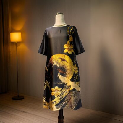 Elegant Golden Moon Crane A Line Dress