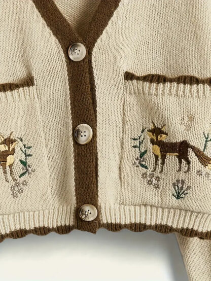 Beige Fox Embroidered Autumn Crop Knit Cardigan - Image 3