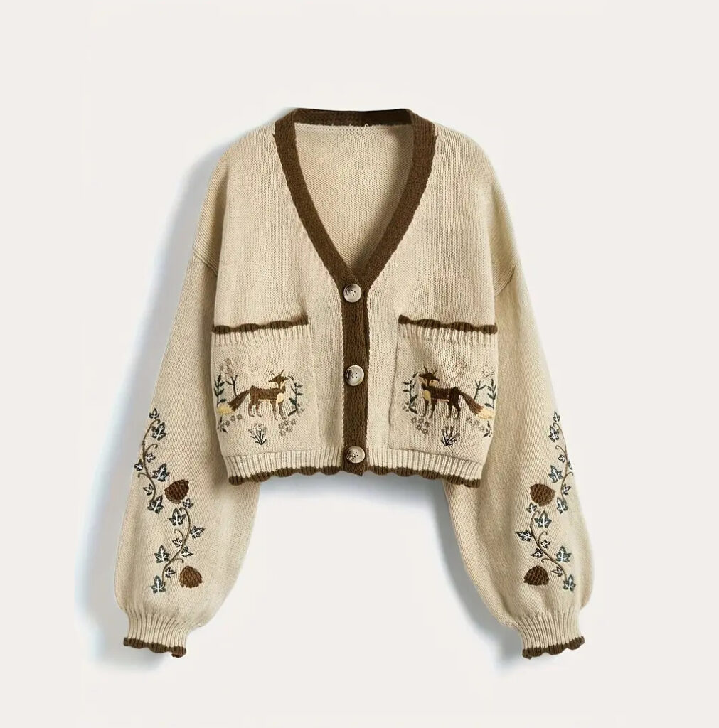Beige Fox Embroidered Autumn Crop Knit Cardigan – Shade Basic