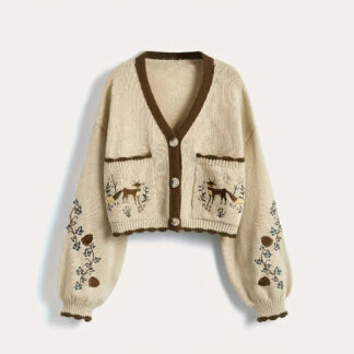 Beige Fox Embroidered Autumn Crop Knit Cardigan