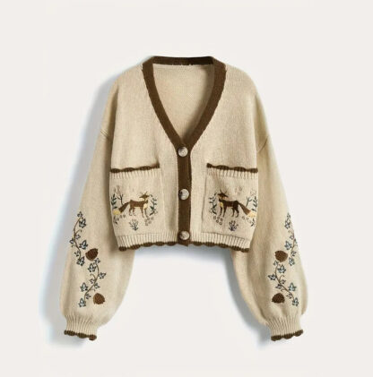 Beige Fox Embroidered Autumn Crop Knit Cardigan