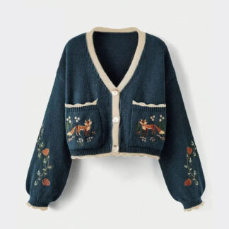 Navy Blue Fox Embroidered Autumn Crop Knit Cardigan