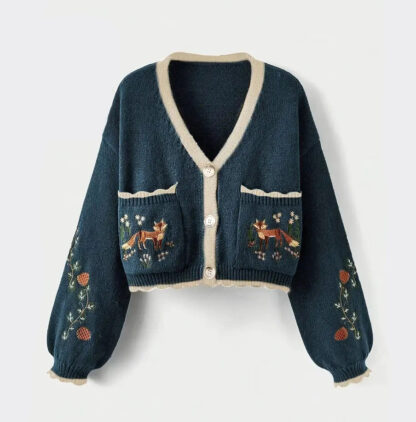 Navy Blue Fox Embroidered Autumn Crop Knit Cardigan