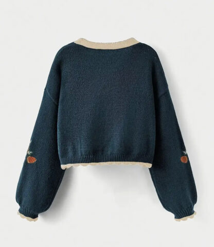 Navy Blue Fox Embroidered Autumn Crop Knit Cardigan - Image 3