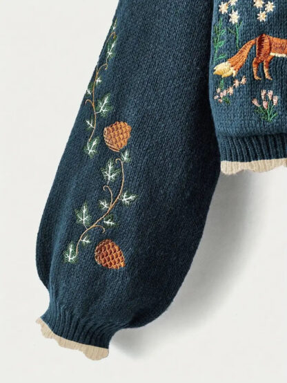 Navy Blue Fox Embroidered Autumn Crop Knit Cardigan - Image 2