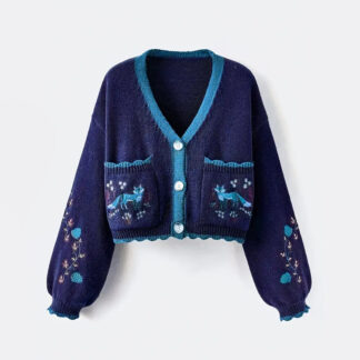 Blue Fox Embroidered Autumn Crop Knit Cardigan