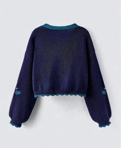 Blue Fox Embroidered Autumn Crop Knit Cardigan - Image 3