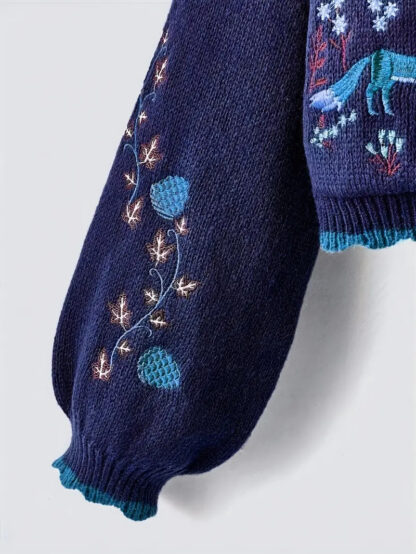 Blue Fox Embroidered Autumn Crop Knit Cardigan - Image 2