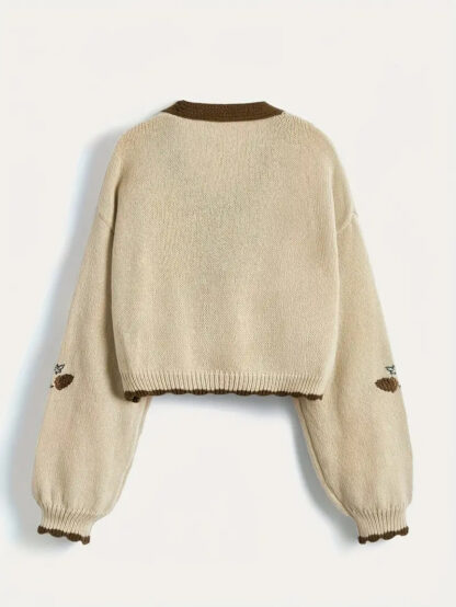 Beige Fox Embroidered Autumn Crop Knit Cardigan - Image 2