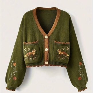 Green Fox Embroidered Autumn Crop Knit Cardigan