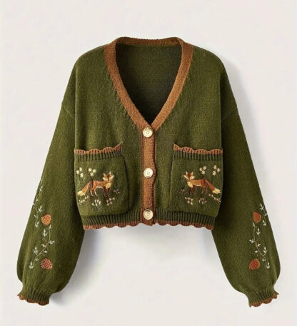 Green Fox Embroidered Autumn Crop Knit Cardigan